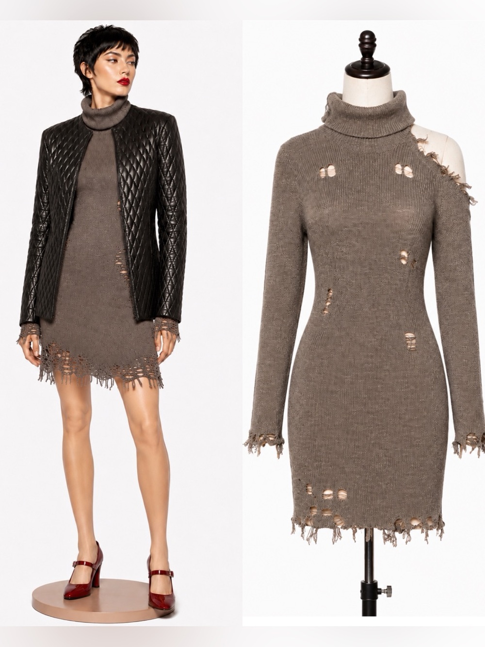 NWT Thrashed & distressed Turtleneck Knit cold shoulder Mini Dress- M